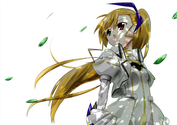 Anime picture 1053x742 with mahou shoujo lyrical nanoha strikers pixiv takamachi vivio tagme (artist) single long hair simple background blonde hair white background ponytail side ponytail alternate age girl dress bow ribbon (ribbons) hair bow hair ribbon leaf (leaves)