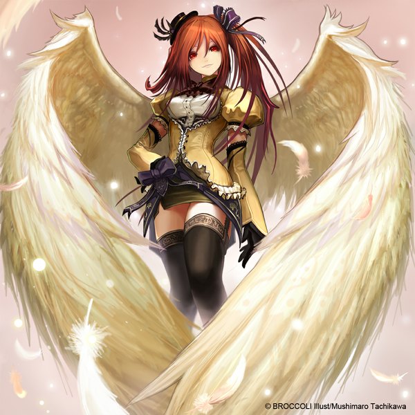Anime picture 1100x1100 with aquarian age tachikawa mushimaro (bimo) long hair red eyes brown hair angel girl thighhighs gloves bow black thighhighs hair bow detached sleeves wings feather (feathers)