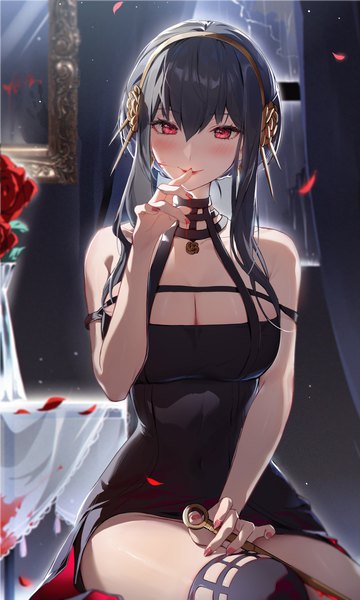 Anime picture 3000x5000 with spy x family yor briar houkisei single long hair tall image looking at viewer blush fringe highres breasts light erotic black hair hair between eyes red eyes large breasts sitting cleavage nail polish finger to mouth