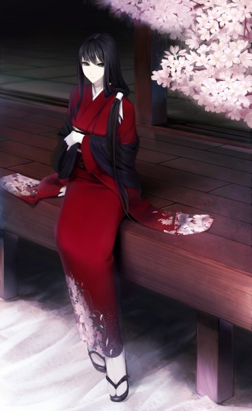 Anime picture 789x1280 with original erise single long hair tall image looking at viewer fringe black hair sitting long sleeves traditional clothes japanese clothes black eyes cherry blossoms girl plant (plants) tree (trees) kimono cape
