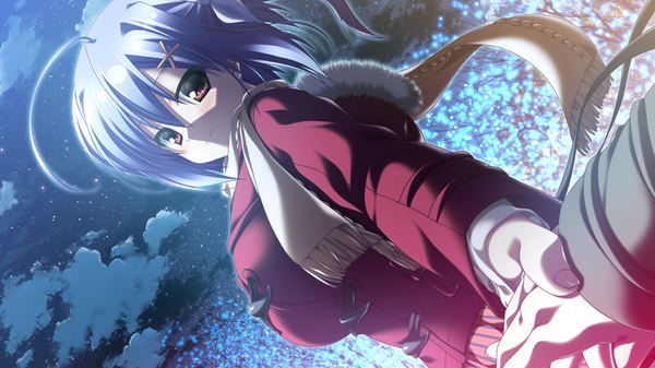 Anime picture 1280x720 with 12 no tsuki no eve shiina anzu looking at viewer short hair red eyes wide image blue hair game cg sky cloud (clouds) light smile night holding hands girl uniform school uniform scarf coat