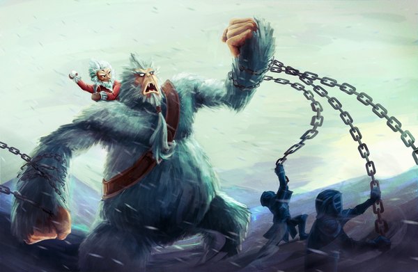 Anime picture 1838x1200 with league of legends nunu (league of legends) highres open mouth wind teeth fang (fangs) snowing winter snow fantasy battle blank eyes boy fur chain monster snowball