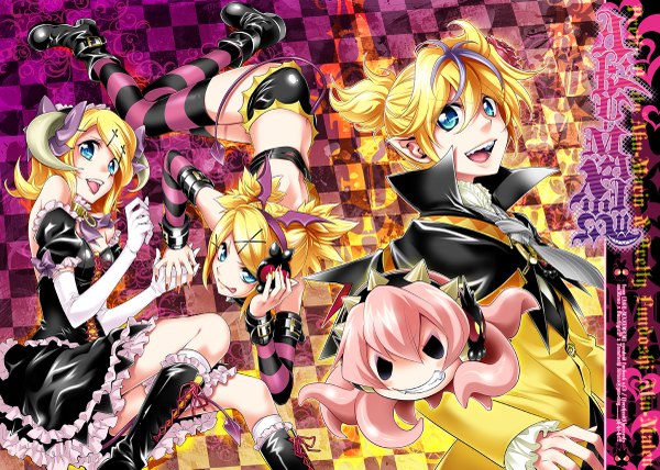 Anime picture 1200x857 with vocaloid megurine luka kagamine rin kagamine len takoluka open mouth blue eyes blonde hair multiple girls nail polish horn (horns) fingernails pointy ears holding hands group striped long fingernails checkered background girl thighhighs