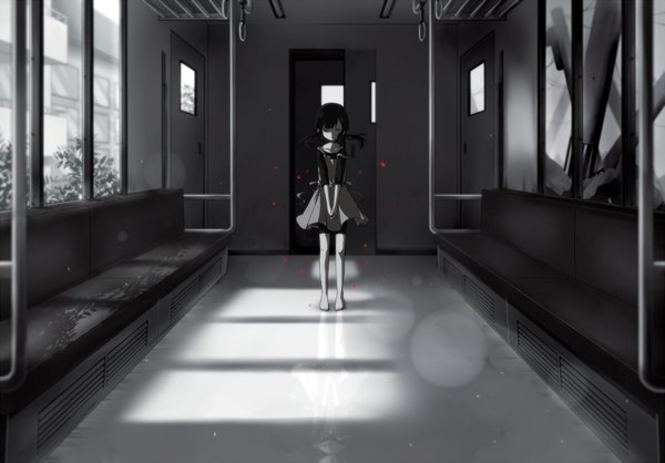 Anime picture 1800x1254 with kagerou project shaft (studio) asahina hiyori tonari (z7x8c9) single long hair fringe highres black hair standing twintails eyes closed barefoot bare legs low twintails glow broken train interior girl plant (plants)
