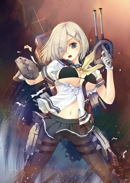 Anime picture 572x800 with kantai collection hamakaze destroyer kirishima satoshi single tall image short hair breasts open mouth blue eyes light erotic white hair pantyshot torn clothes girl skirt gloves navel underwear panties weapon