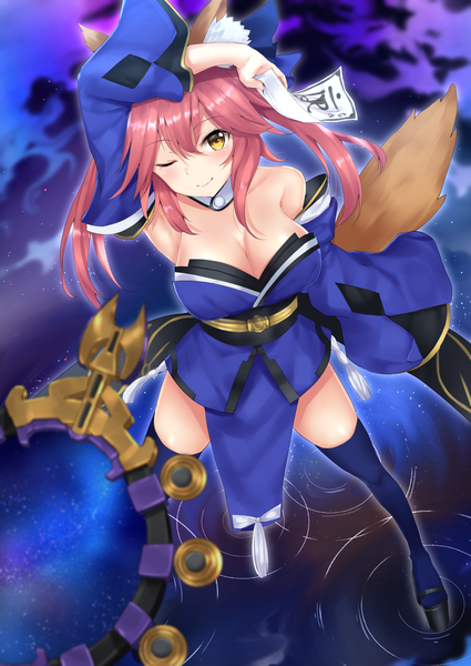 Anime picture 2150x3035 with fate (series) fate/grand order tamamo (fate) (all) tamamo no mae (fate) suiroh (shideoukami) single long hair tall image looking at viewer fringe highres breasts light erotic hair between eyes large breasts twintails animal ears yellow eyes pink hair cleavage