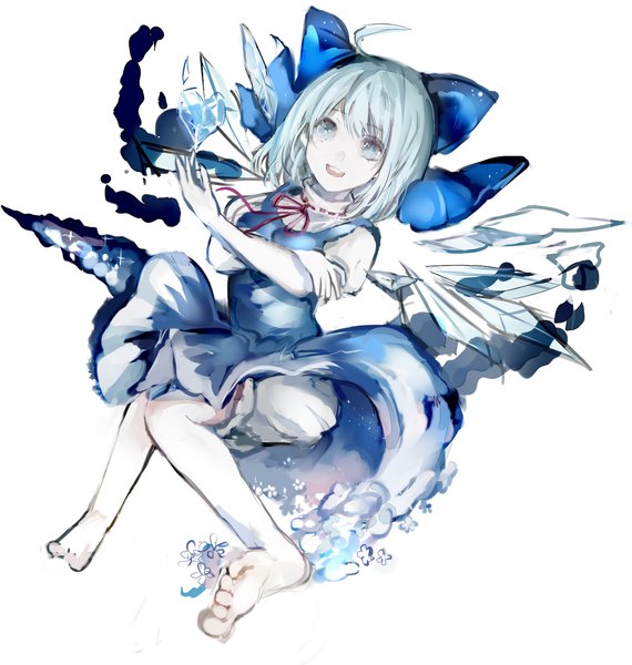 Anime picture 1350x1420 with touhou cirno kafi single tall image short hair open mouth blue eyes simple background white background blue hair ahoge barefoot crossed arms girl dress bow hair bow wings knickers