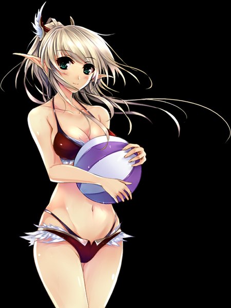 Anime picture 829x1104 with world of warcraft blizzard entertainment blood elf windforcelan single long hair tall image blush breasts light erotic simple background blonde hair smile green eyes pointy ears black background elf girl navel swimsuit
