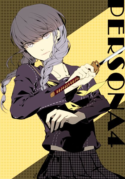 Anime picture 560x800 with persona 4 persona narukami yuu robinexile single long hair tall image looking at viewer fringe simple background braid (braids) grey hair copyright name twin braids silver eyes yellow background genderswap girl uniform weapon