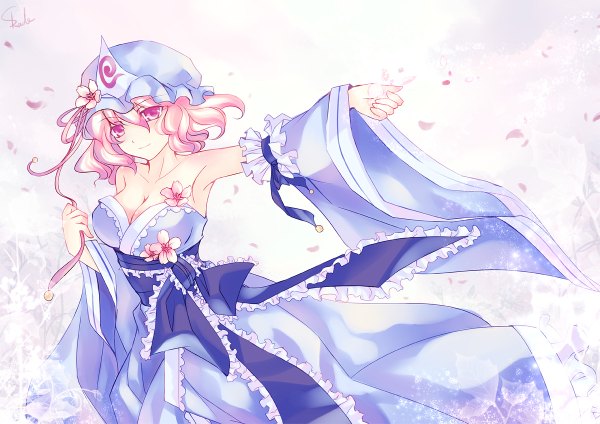 Anime picture 1200x848 with touhou saigyouji yuyuko skade single long hair breasts blonde hair large breasts bare shoulders pink eyes light smile girl dress flower (flowers) bow detached sleeves petals belt blue dress