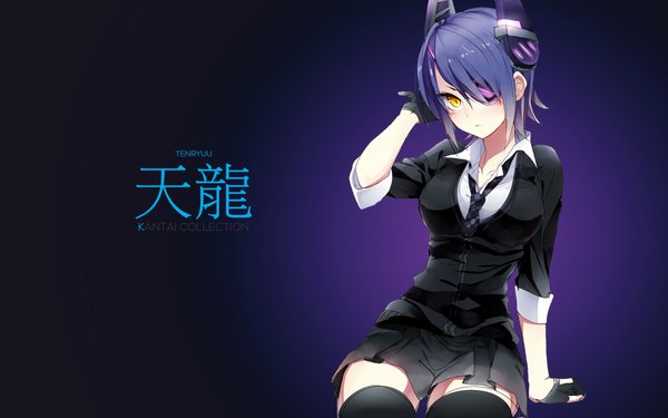 Anime picture 1920x1200 with kantai collection tenryuu light cruiser assassinwarrior purin jiisan single tall image looking at viewer blush highres short hair black hair simple background white background yellow eyes zettai ryouiki girl thighhighs skirt gloves black thighhighs