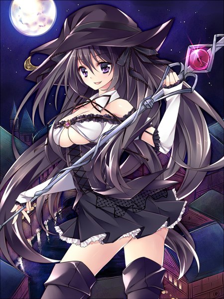 Anime picture 600x800 with shikkoku no varkyrie sorai shin'ya single long hair tall image fringe breasts light erotic black hair hair between eyes large breasts purple eyes parted lips night official art night sky sleeves past wrists lacing glow girl