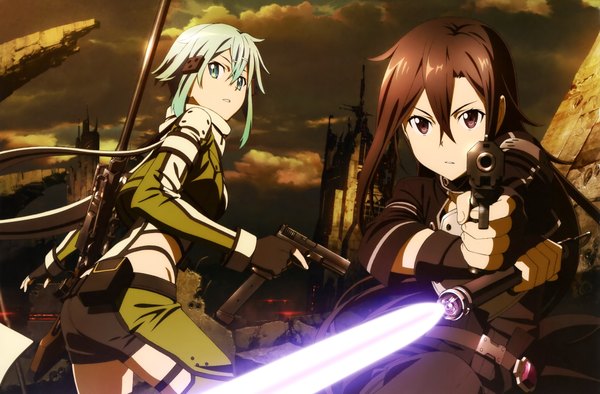 Anime picture 4062x2671 with sword art online a-1 pictures kirigaya kazuto asada shino takata akira long hair highres short hair blue eyes black hair purple eyes blue hair absurdres scan official art girl boy gloves weapon scarf