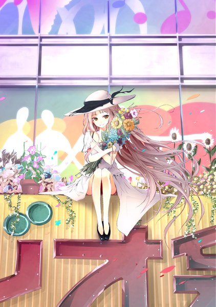 Anime picture 2425x3445 with original akasaka aka single long hair tall image blush highres red eyes sitting pink hair absurdres very long hair light smile crossed arms girl dress flower (flowers) plant (plants) hat white dress