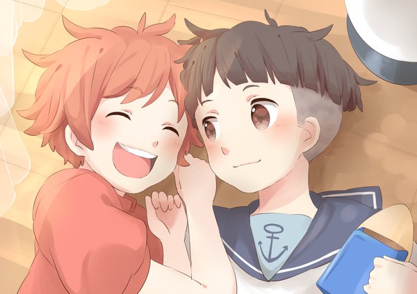 Anime picture 1412x1000 with gake no ue no ponyo studio ghibli ponyo sousuke (ponyo) kana (okitasougo222) blush short hair open mouth black hair smile brown hair brown eyes lying light smile orange hair happy girl boy curtains toy