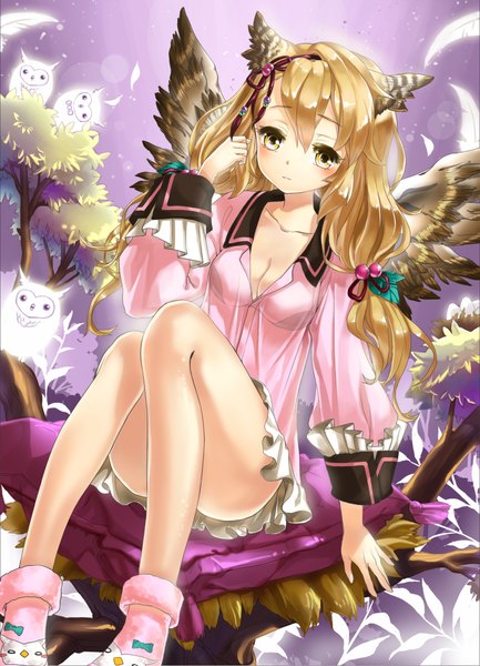 Anime picture 1535x2126 with original zigi single long hair tall image looking at viewer blush breasts light erotic blonde hair sitting twintails yellow eyes cleavage low twintails adjusting hair girl skirt hair ornament plant (plants)