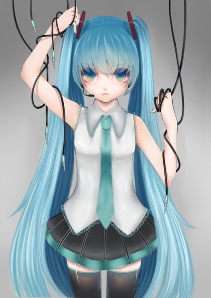 Anime picture 716x1013 with vocaloid hatsune miku yukimasa single tall image looking at viewer twintails very long hair aqua eyes aqua hair girl thighhighs skirt black thighhighs necktie headphones wire (wires)