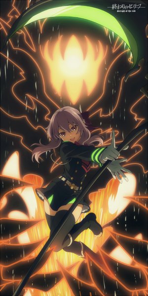Anime picture 750x1500 with owari no seraph wit studio hiiragi shinoa fcc long hair tall image looking at viewer fringe open mouth smile purple eyes holding signed purple hair bent knee (knees) glowing jumping girl thighhighs gloves