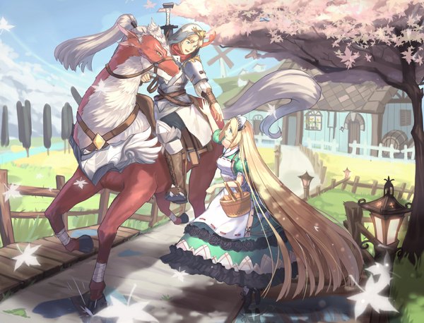 Anime picture 1126x861 with original cubies (tiger 205) short hair blue eyes blonde hair standing sitting very long hair profile girl dress boy weapon plant (plants) sword tree (trees) hood leaf (leaves) building (buildings) road