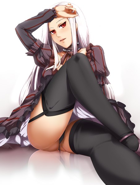 Anime picture 1159x1532 with fate (series) fate/zero type-moon illyasviel von einzbern umakatsuhai single long hair tall image light erotic simple background red eyes white background white hair pantyshot legs pantyshot sitting girl thighhighs dress underwear