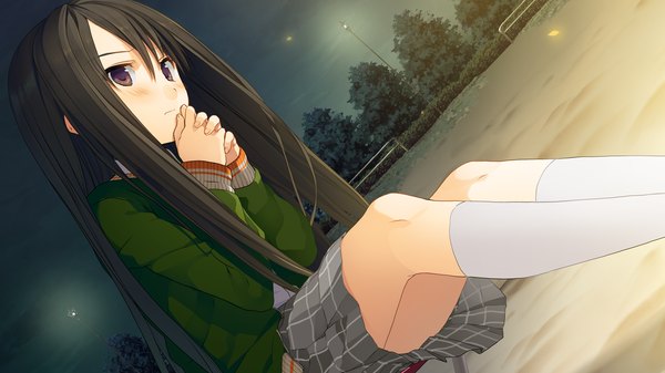 Anime picture 1280x720 with ima sugu onii-chan ni imouto da tte iitai! haida kimika akinashi yuu long hair blush black hair wide image brown eyes game cg night girl skirt uniform school uniform miniskirt socks white socks sweater