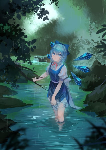 Anime picture 2480x3507 with touhou cirno kamachi kamachi-ko single tall image looking at viewer highres short hair blue eyes hair between eyes blue hair from above puffy sleeves partially submerged rain wet clothes river girl bow plant (plants)
