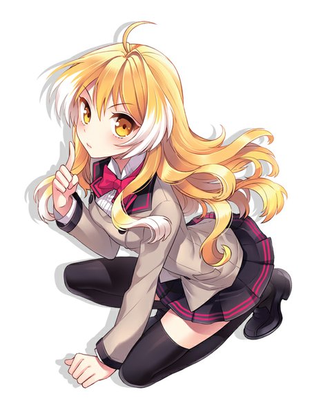 Anime picture 599x800 with kanojo ni mimi to shippo ga tsuiteru riyuu wo setsumei dekinai komiya yumina nardack single long hair tall image looking at viewer blonde hair simple background white background yellow eyes ahoge wavy hair girl thighhighs skirt black thighhighs