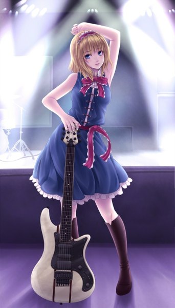 Anime picture 800x1400 with touhou alice margatroid mochi.f single tall image looking at viewer short hair blue eyes blonde hair girl dress boots hairband guitar electric guitar