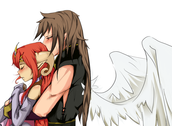 Anime picture 1600x1173 with original takumy long hair blush red eyes brown hair red hair eyes closed horn (horns) pointy ears couple hug transparent background demon girl angel wings hug from behind girl boy detached sleeves wings