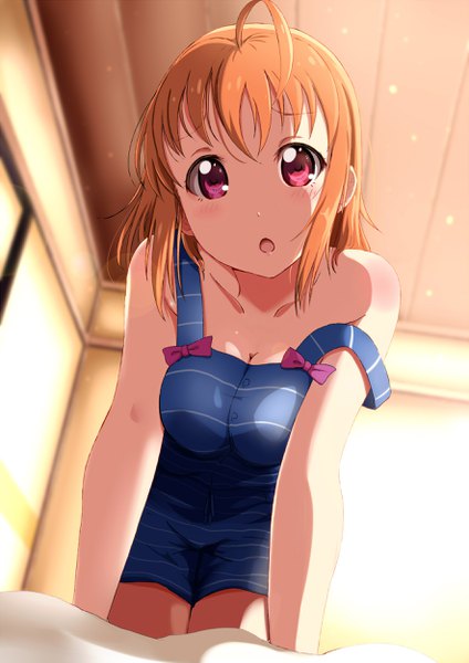 Anime picture 1767x2500 with love live! sunshine!! sunrise (studio) love live! takami chika shiokazunoko single tall image looking at viewer blush fringe highres short hair breasts open mouth light erotic hair between eyes large breasts bare shoulders cleavage ahoge