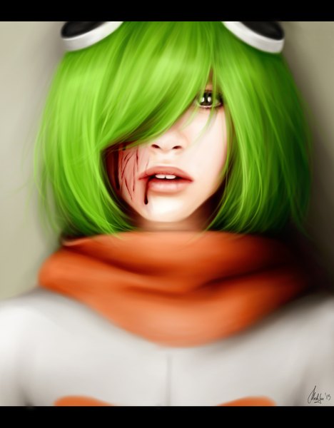 Anime picture 1560x2000 with bleach studio pierrot mashiro kuna mochifin single tall image looking at viewer fringe short hair open mouth brown eyes signed green hair hair over one eye realistic teeth letterboxed injury girl glasses