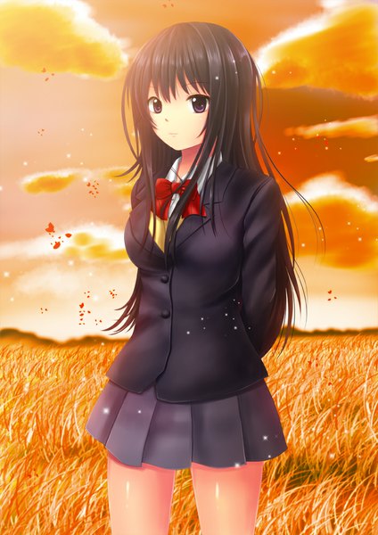 Anime picture 707x1000 with original toshi (1-147) single long hair tall image black hair purple eyes sky cloud (clouds) evening sunset girl skirt uniform plant (plants) school uniform grass