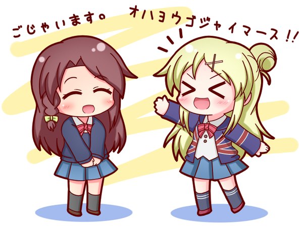 Anime picture 1400x1050 with kin-iro mosaic kujou karen matsubara honoka grouse01 long hair blush open mouth blonde hair smile brown hair multiple girls eyes closed hair bun (hair buns) spread arms chibi > < flag print girl skirt uniform