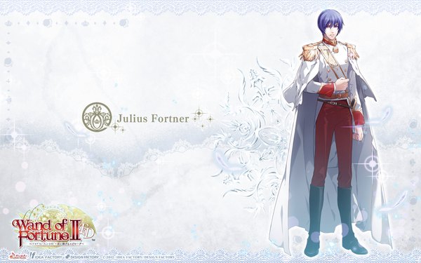 Anime picture 1920x1200 with wand of fortune 2 idea factory julius fortner usuba kagerou single looking at viewer highres short hair blue eyes wide image blue hair inscription wallpaper boy boots belt cloak