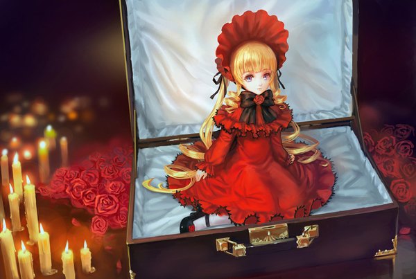 Anime picture 1000x672 with rozen maiden shinku rakuhei (artist) single long hair looking at viewer fringe blue eyes blonde hair sitting twintails full body depth of field drill hair lolita fashion animated apng girl dress flower (flowers)