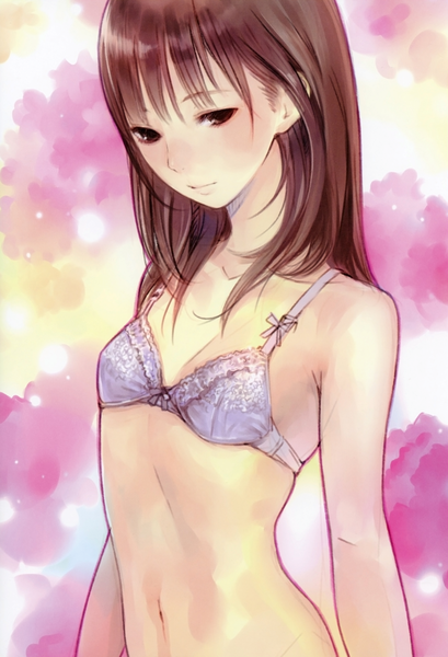 Anime picture 2380x3490 with original kishida mel single long hair tall image looking at viewer blush highres breasts light erotic smile brown hair bare shoulders brown eyes cleavage bare belly flat chest seductive smile girl navel