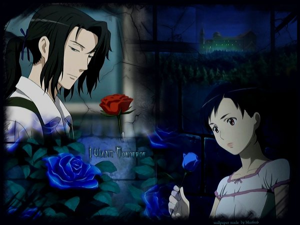 Anime picture 1024x768 with blood+ production i.g otonashi saya haji long hair short hair blue eyes black hair brown eyes girl boy flower (flowers) rose (roses) blue rose