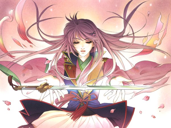 Anime picture 1200x903 with harukanaru toki no naka de tohko mizuno single long hair purple hair eyes closed traditional clothes spread arms girl weapon petals sword