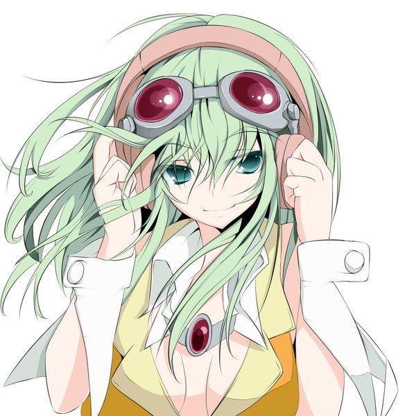 Anime picture 2000x2000 with vocaloid gumi sukage long hair highres simple background smile white background green eyes green hair girl headphones