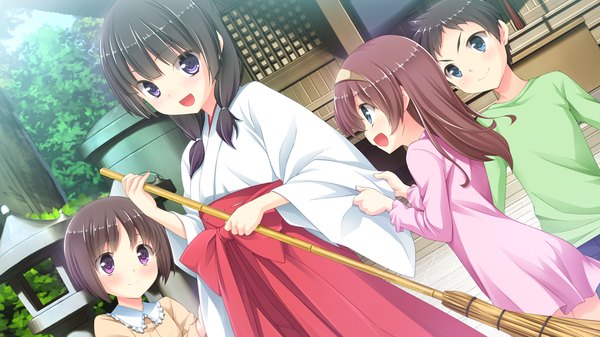 Anime picture 1280x720 with quintuple splash yashio sahori long hair blush short hair open mouth blue eyes black hair smile brown hair wide image purple eyes game cg traditional clothes japanese clothes miko girl boy child (children)