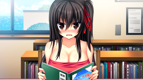 Anime picture 1280x720 with namaiki delation shinkai nagisa single long hair looking at viewer blush breasts open mouth light erotic black hair wide image large breasts bare shoulders game cg sky cleavage cloud (clouds) ponytail side ponytail hair over breasts