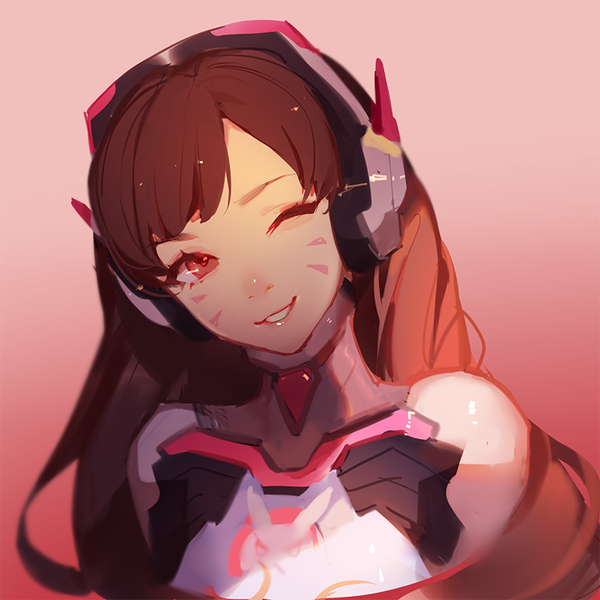 Anime picture 800x800 with overwatch blizzard entertainment d.va (overwatch) ask (askzy) single long hair looking at viewer fringe open mouth simple background smile brown hair upper body head tilt one eye closed wink facial mark portrait pink background face