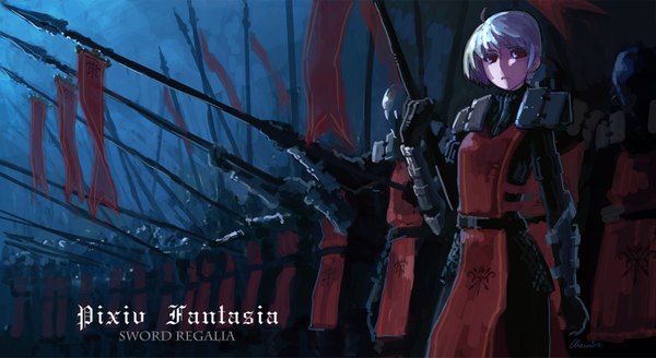 Anime picture 1800x985 with original pixiv fantasia pixiv pixiv fantasia sword regalia chevasis (artist) fringe highres short hair red eyes wide image silver hair army gloves weapon armor spear flag banner