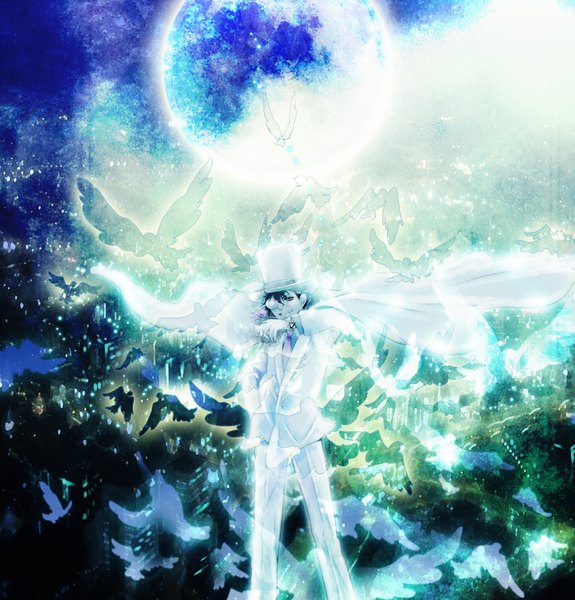 Anime picture 1916x2000 with detective conan magic kaito kaito kid tennen hz (artist) single tall image highres short hair blue eyes black hair smile boy gloves flower (flowers) hat animal bird (birds) moon star (stars) suit