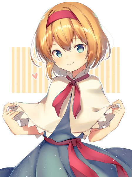 Anime picture 1700x2268 with touhou alice margatroid nenobi (nenorium) single tall image blush fringe short hair blue eyes blonde hair smile hair between eyes white background girl dress heart headband blue dress mantle