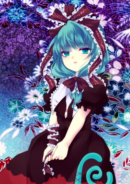 Anime picture 1000x1414 with touhou kagiyama hina uranaishi (miraura) single long hair tall image green eyes green hair girl dress flower (flowers) bow hair bow frills