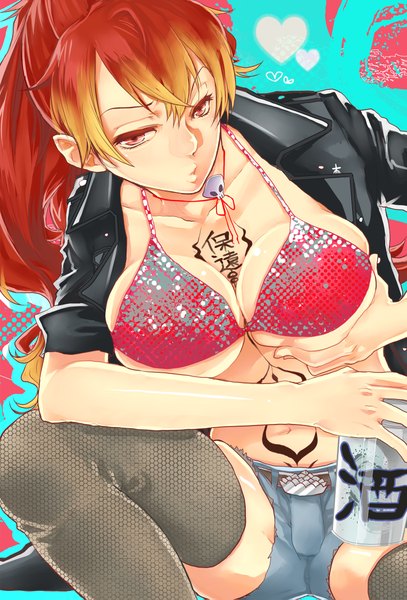 Anime picture 1530x2255 with ao no exorcist a-1 pictures kirigakure shura noppo long hair tall image breasts light erotic red eyes large breasts red hair multicolored hair tattoo breast grab denim girl thighhighs jacket shorts heart