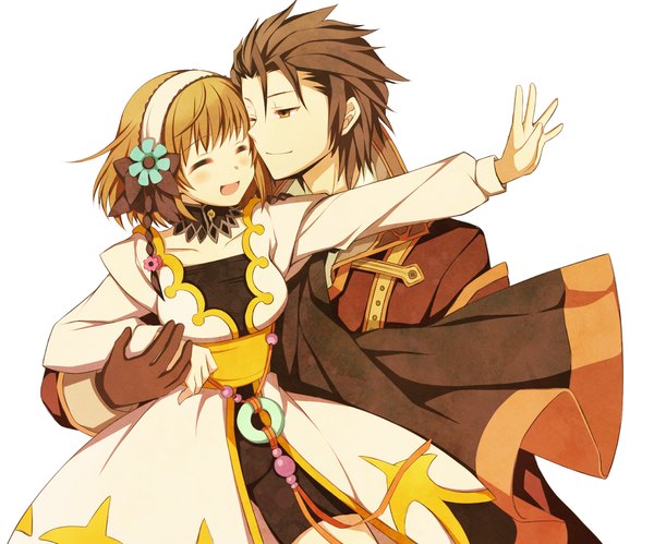 Anime picture 1441x1200 with tales of (series) tales of xillia alvin (tales of xillia) leia roland ayamisiro blush short hair open mouth simple background smile brown hair white background brown eyes eyes closed one eye closed wink holding hands happy ^ ^ girl