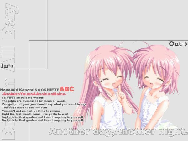 Anime picture 1024x768 with nanami to konomi no oshiete abc studio ring asakura maina asakura yuuna long hair blush short hair open mouth multiple girls pink hair eyes closed inscription grey background loli wallpaper ^ ^ siblings twins sisters ^o^