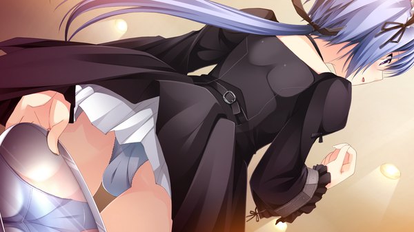 Anime picture 1920x1080 with berry's long hair highres light erotic wide image purple eyes game cg ponytail grey hair girl dress underwear panties